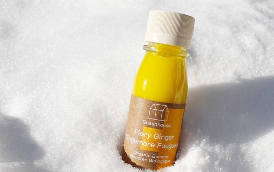 Snow fall with greenhouse fiery ginger shot