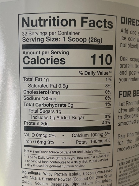 nutrition facts for phormula-1